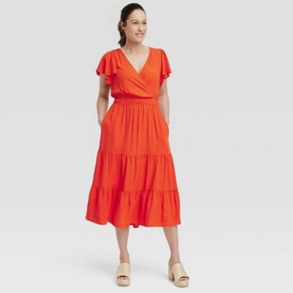 Knox Rose M Flutter Short Sleeve Tiered A-Line Dress Orange Pockets Cc-2543